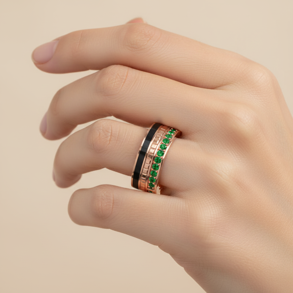 Gold Emerald Band Ring 6Mm With Black Enamel – Bold Statement Luxury Ring | Jebij - Eight