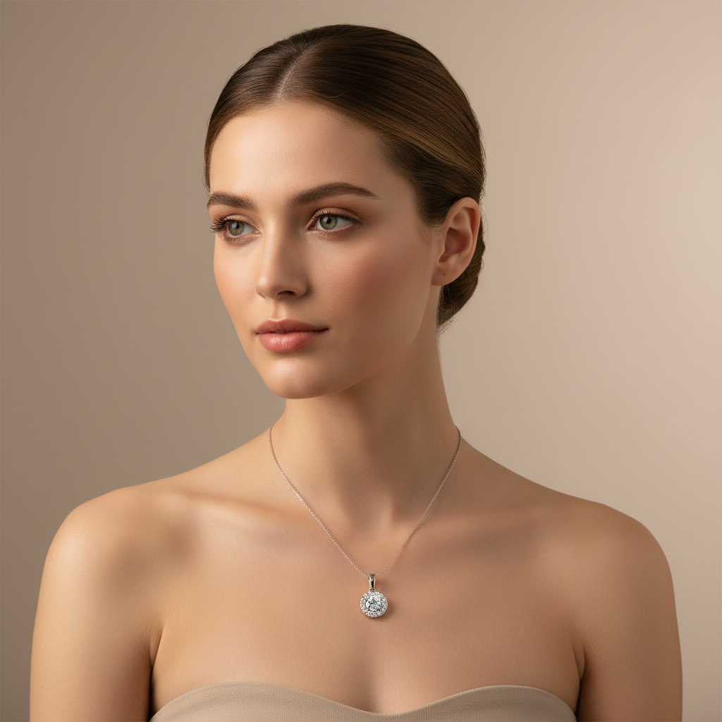Round Diamond Halo Pendant Necklace in White Gold