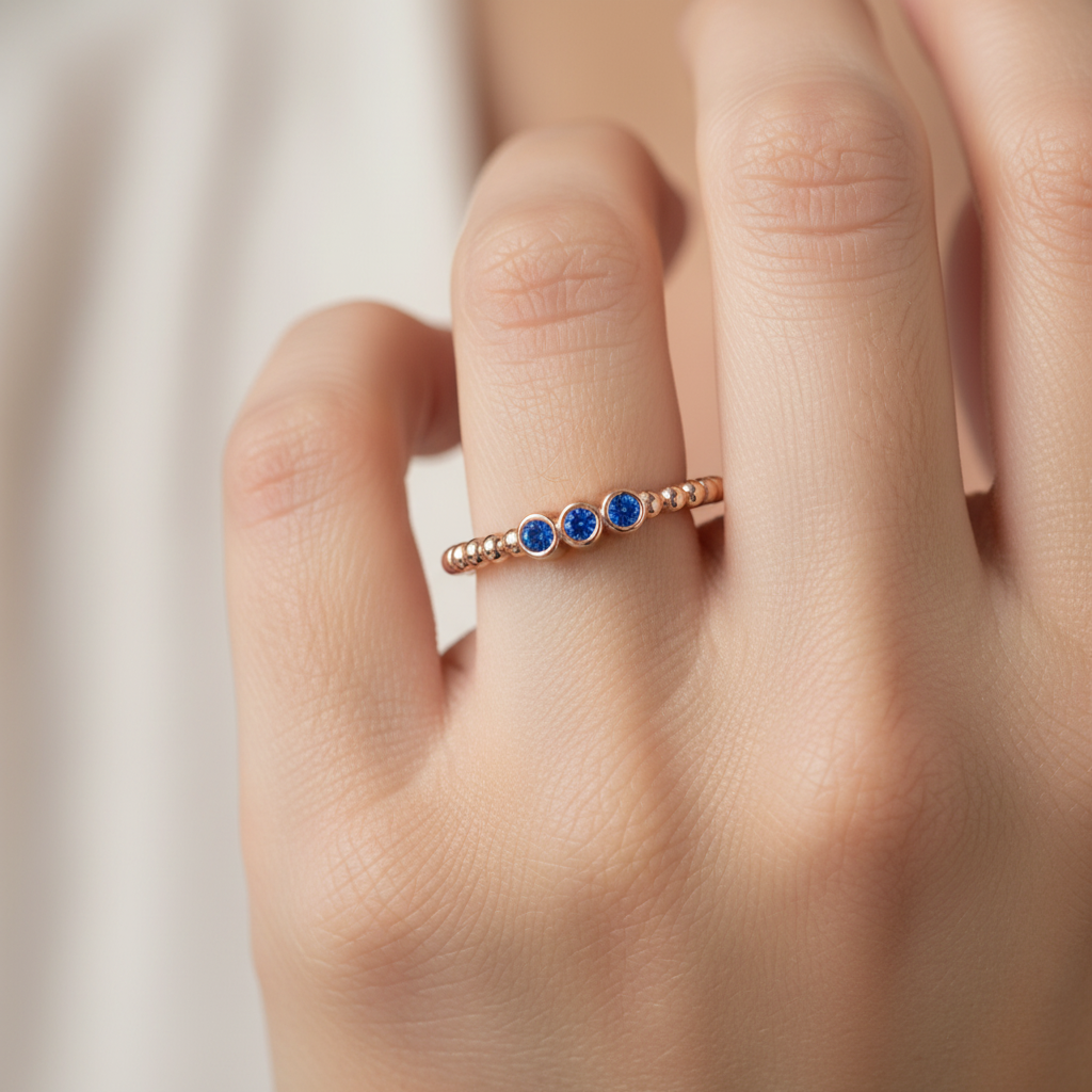 Blue Sapphire Beaded Open Wrap Ring Rose Tone - Eight