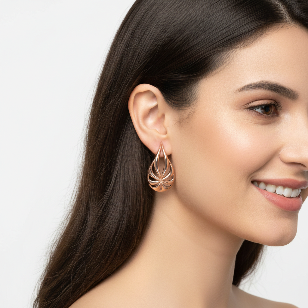 Gold Teardrop Leaf Cutout Stud Earrings 15mmendoftext