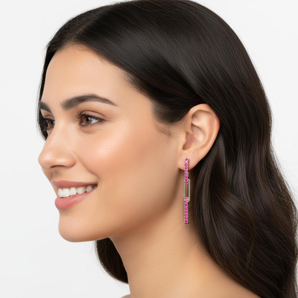 Pink Sapphire Pav Link Drop Earrings With Paperclip Design - Five