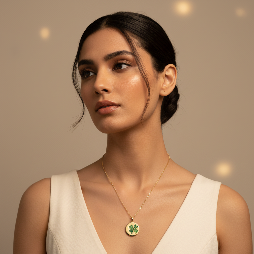 Four Leaf Clover Emerald Disc Pendant Necklace - Four