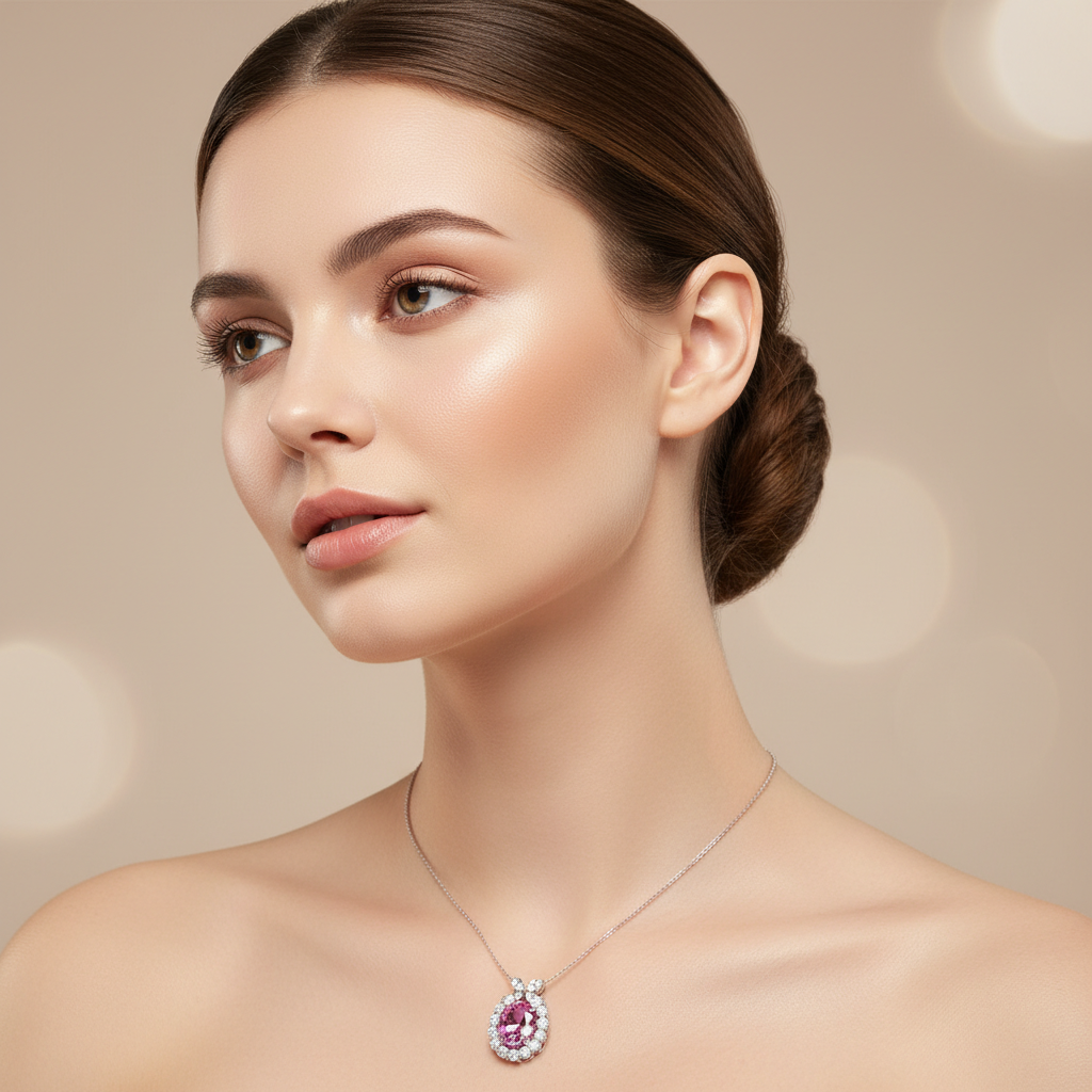 Pink Sapphire Oval Halo Diamond Pendant Necklace in White Gold
