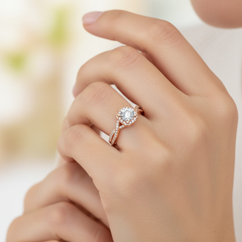 Rose Gold Diamond Halo Engagement Ring with Pav Band