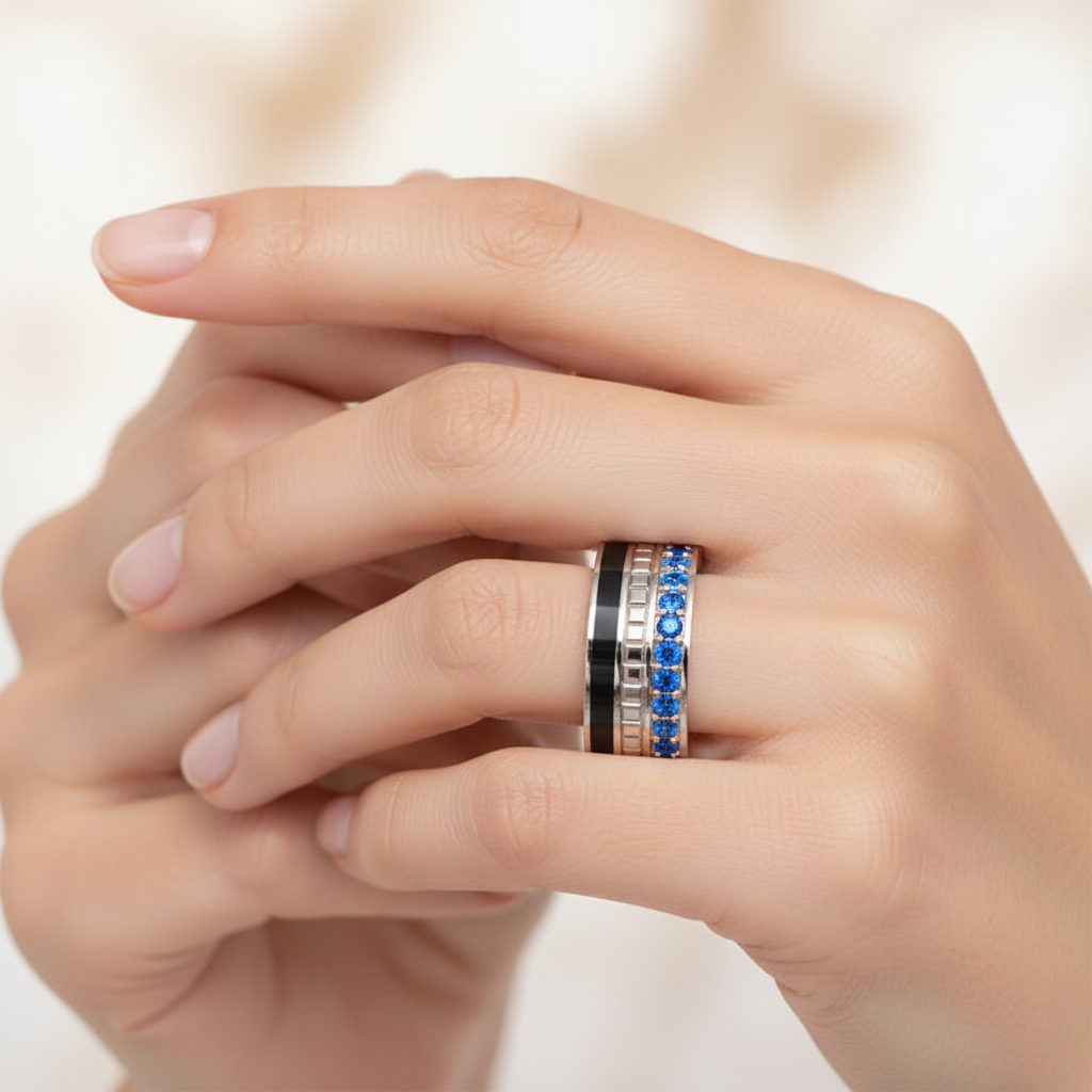 Gold Blue Sapphire Band Ring 6Mm With Black Enamel – Wide Statement Luxury Ring | Jebij - Eight
