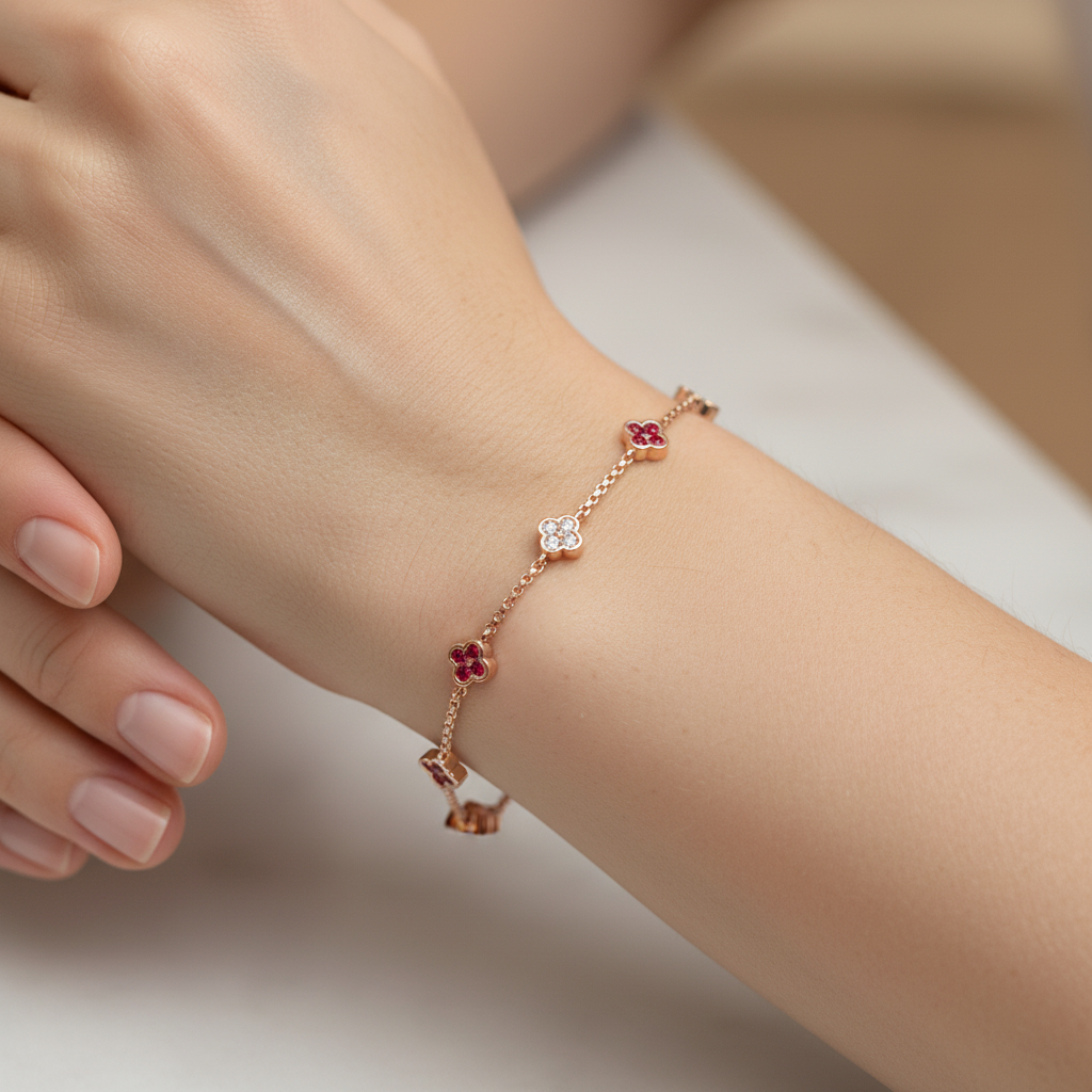 Delicate Clover Station Bracelet with Pink and White Gemstones