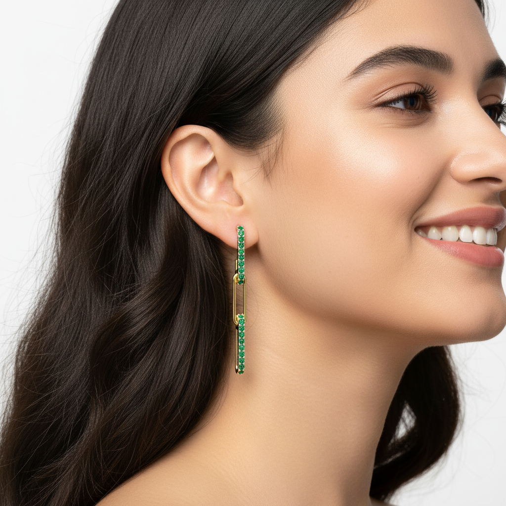 Emerald Pav Chain Link Drop Earrings - Five
