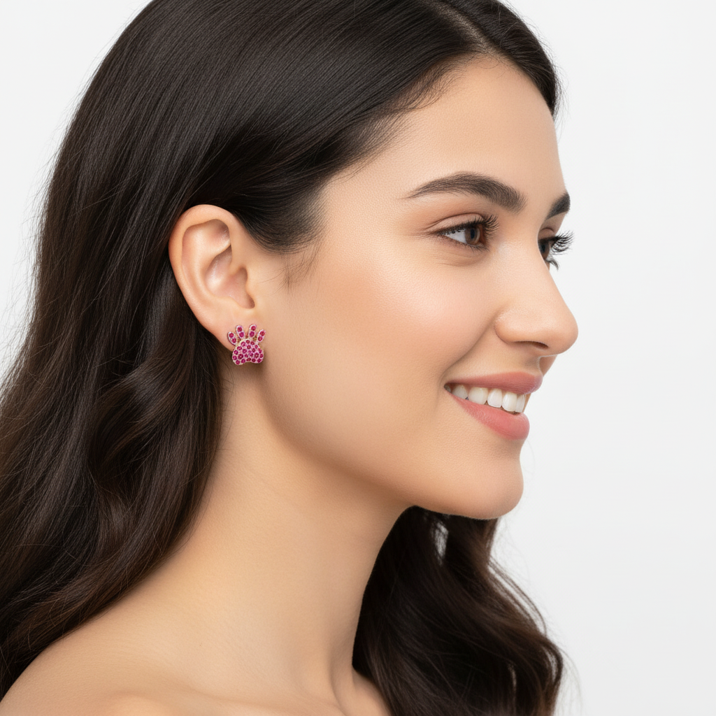 Red Crystal Paw Print Stud Earrings With Screw Back - Five