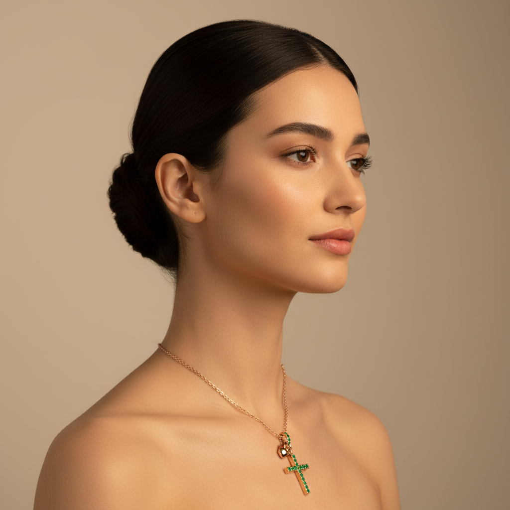 Emerald Cross Pendant Necklace With Heart Charm - Nine