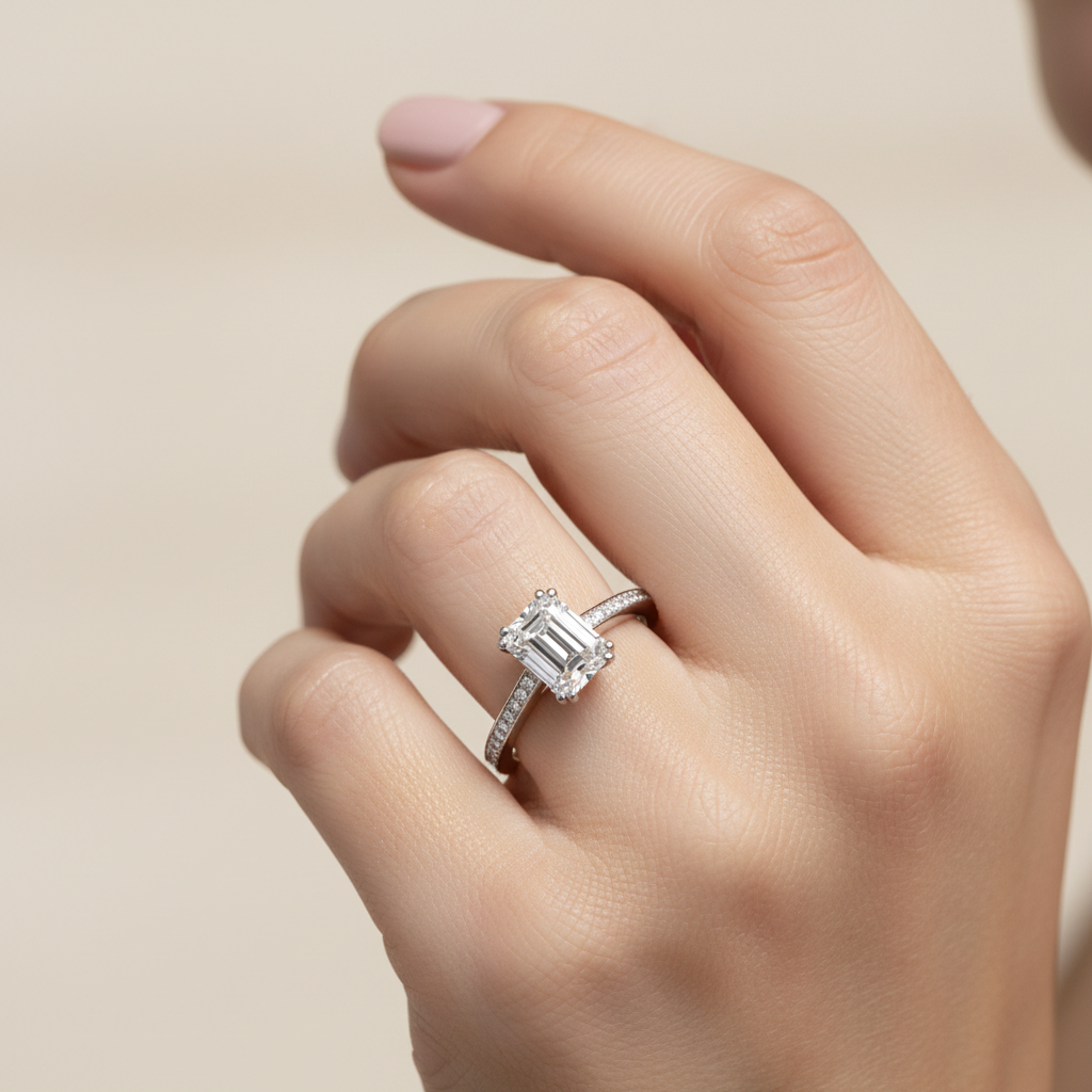 White Gold Emerald Cut Diamond Solitaire Engagement Ring with Hidden Halo