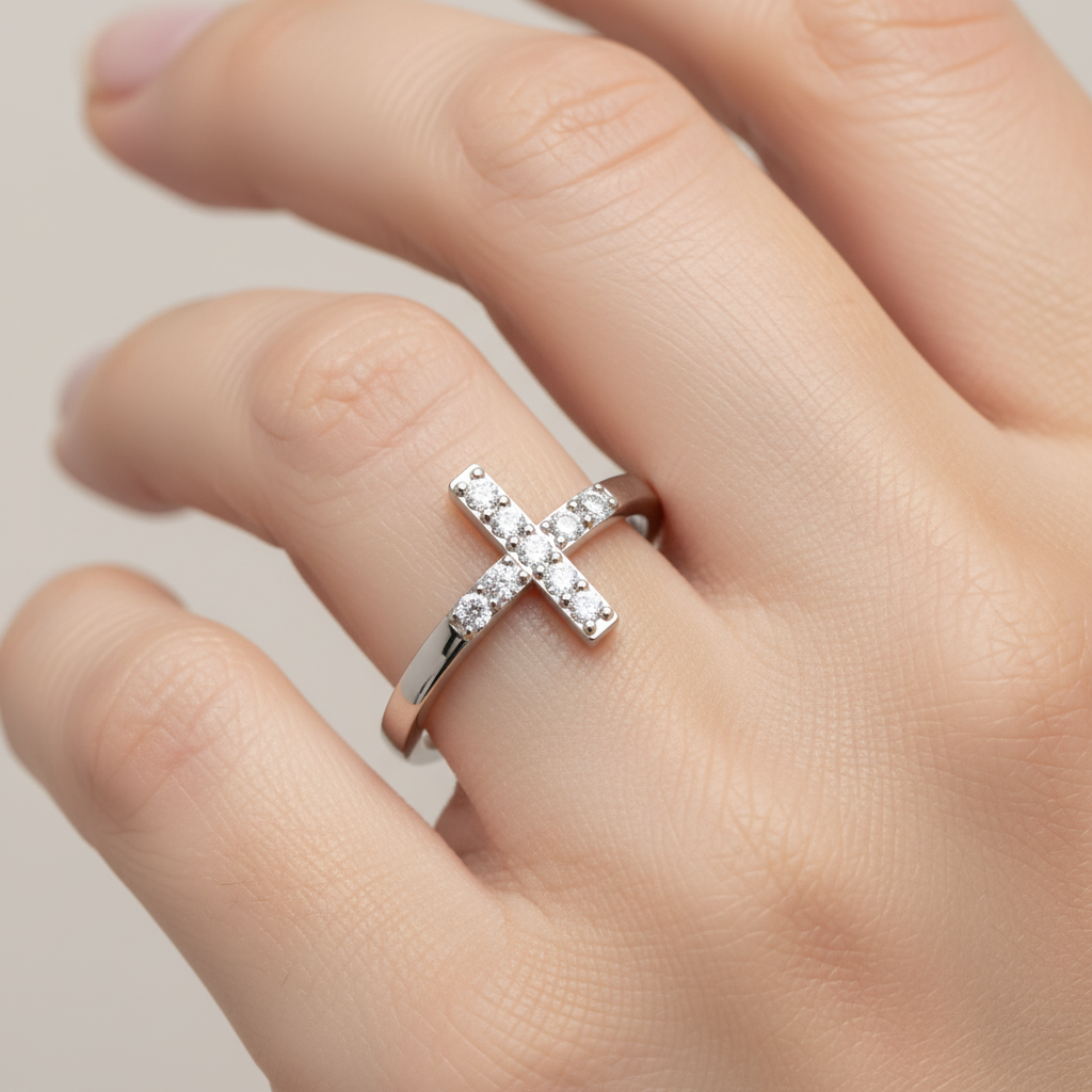 Pav Diamond Cross Ring Delicate Stackable Band - Eight