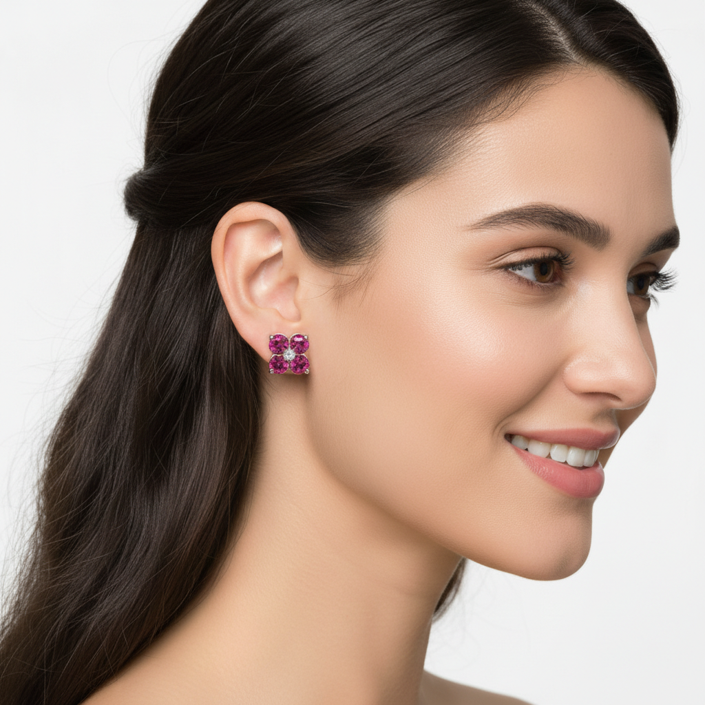 Pink Sapphire and Diamond Flower Cluster Stud Earrings in White Gold