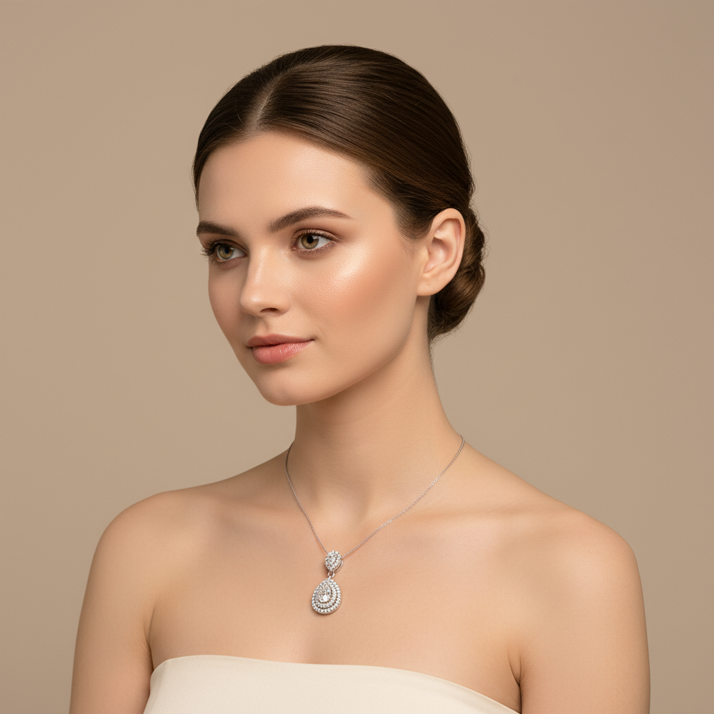 PearShaped Diamond Halo Drop Pendant Necklace in White Gold