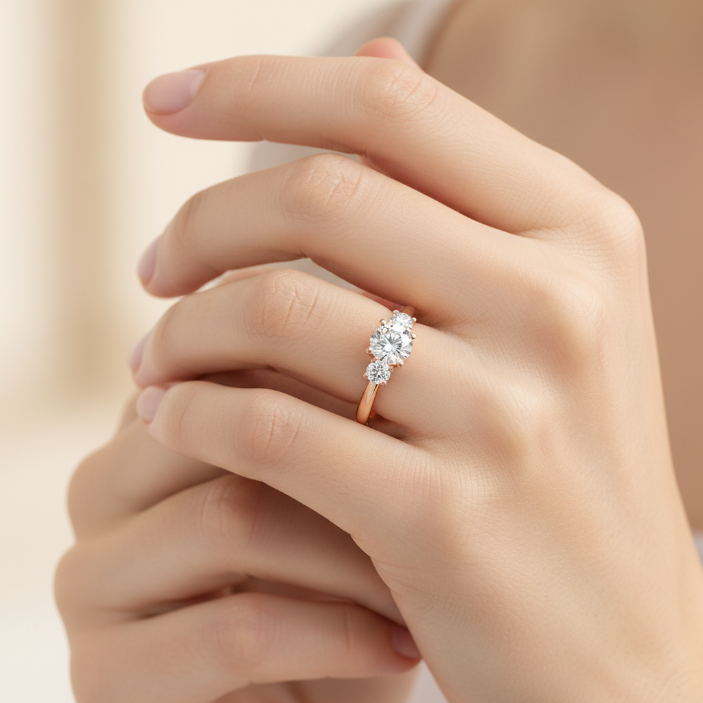 Yellow Gold Round Cut Three Stone Diamond Engagement Ring