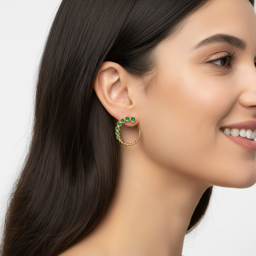 Emerald Beaded Circle Hoop Earrings with Screw Back Studs