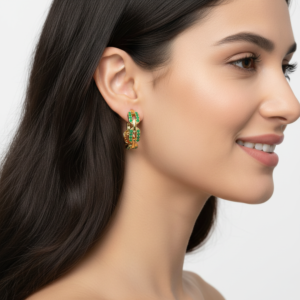 Emerald Chain Link Hoop Earrings With Screw Back Closure - Five