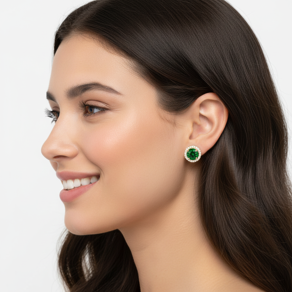 Emerald Green Round Halo Stud Earrings With Screw Back - Eight