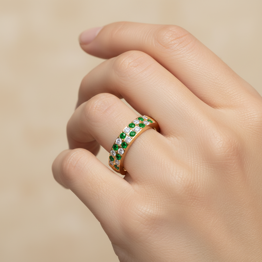 Double Row Emerald and Diamond Eternity Band Ring