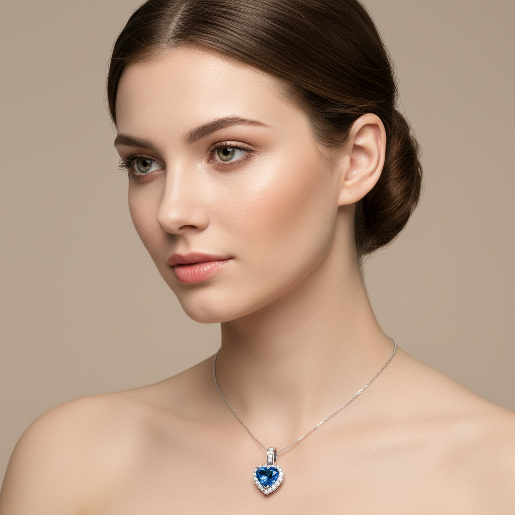 Blue Sapphire Heart Pendant Necklace with Diamond Halo in White Gold