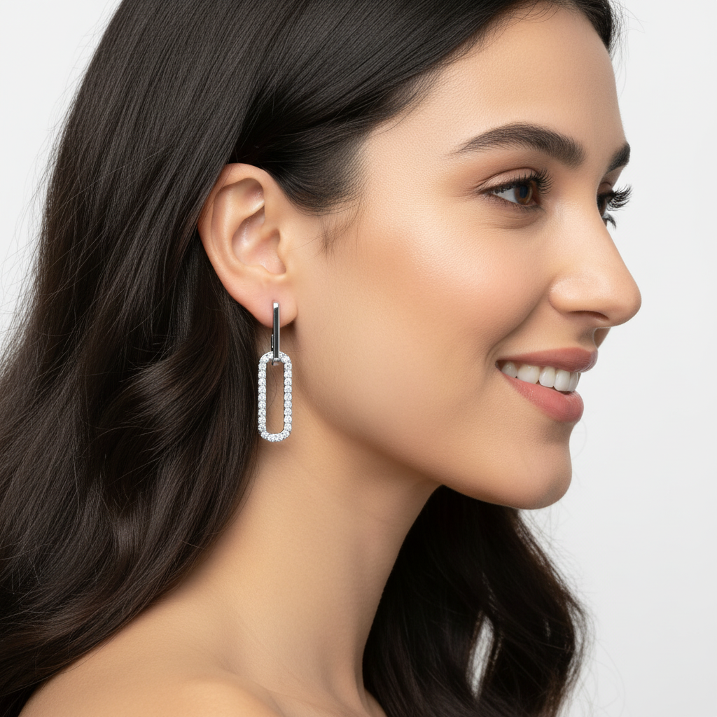 Pav Rectangular Link Drop Earrings - Five