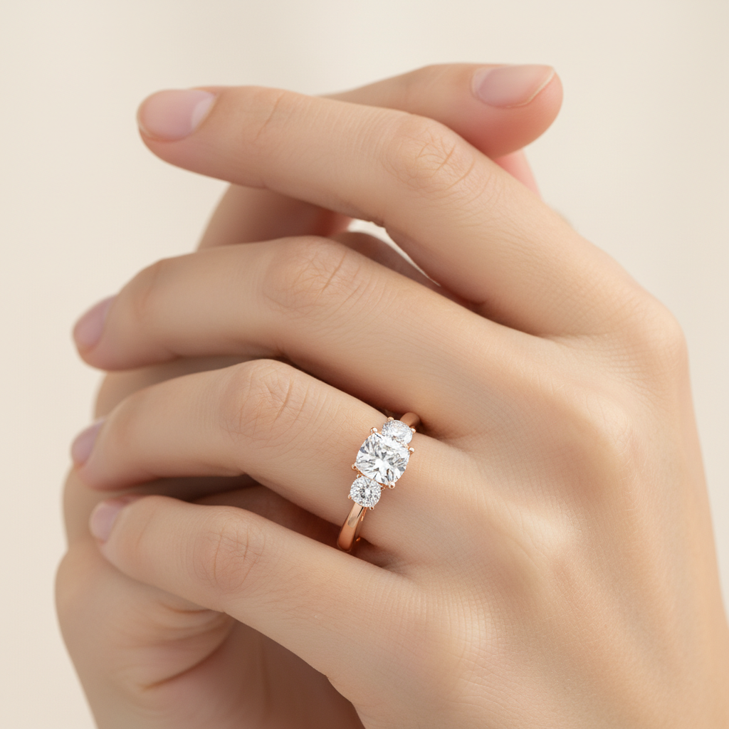 Rose Gold Three Stone Cushion Diamond Engagement Ring