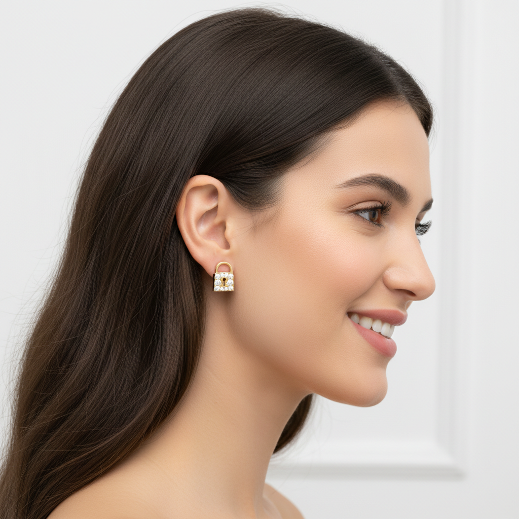 Gold Pav Diamond Lock Stud Earrings