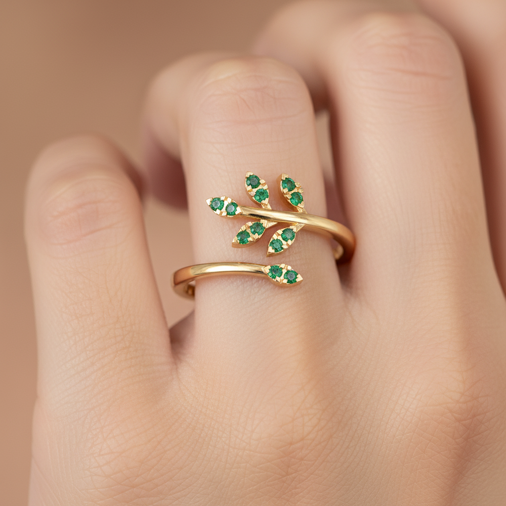 Emerald Leaf Vine Wrap Ring - Eight