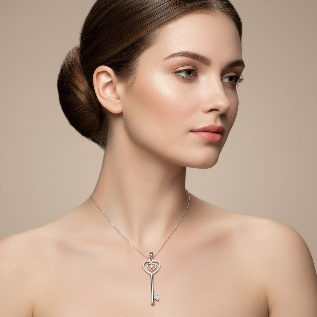 Sterling Silver Diamond Heart Key Pendant Necklace