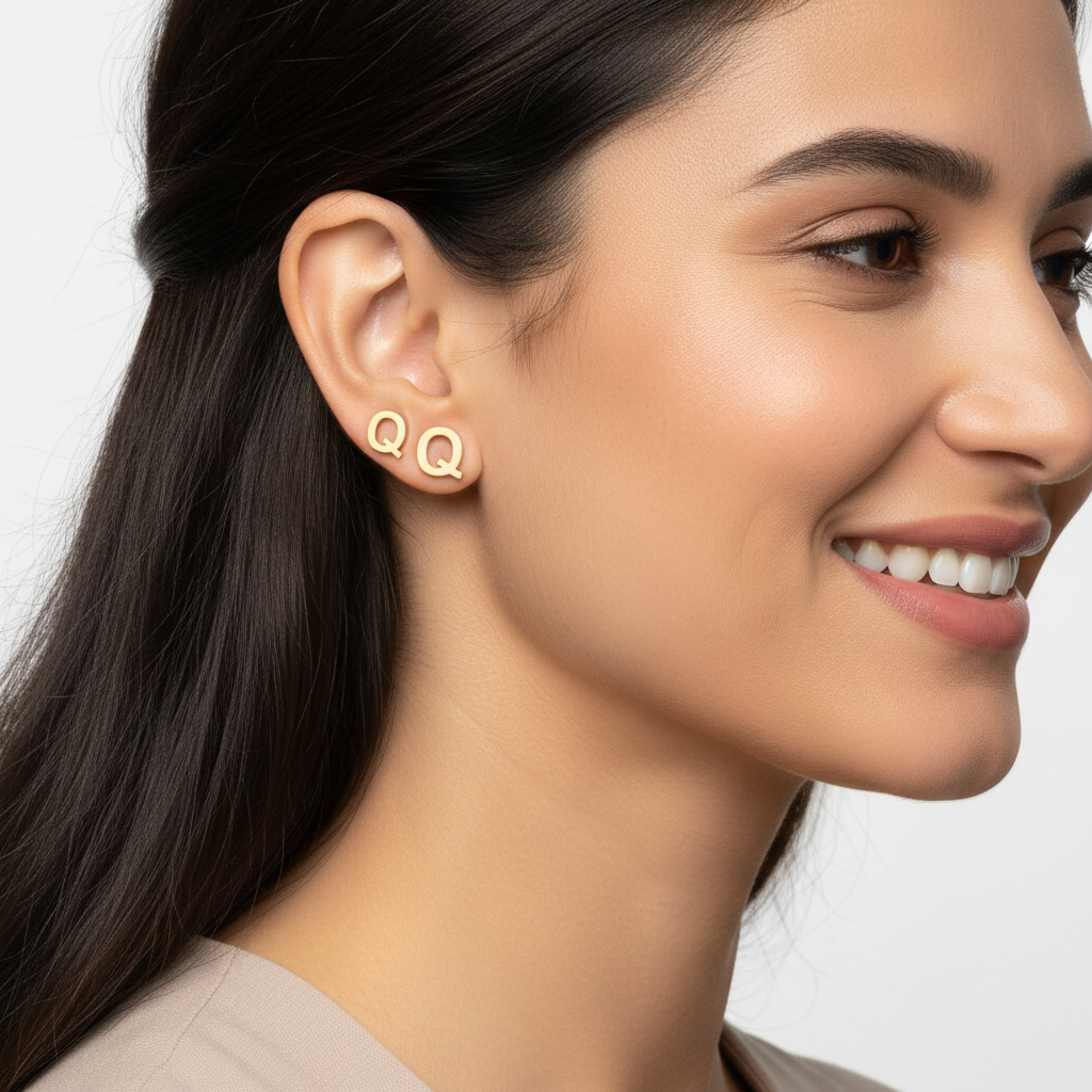 Gold Letter Q Initial Stud Earrings