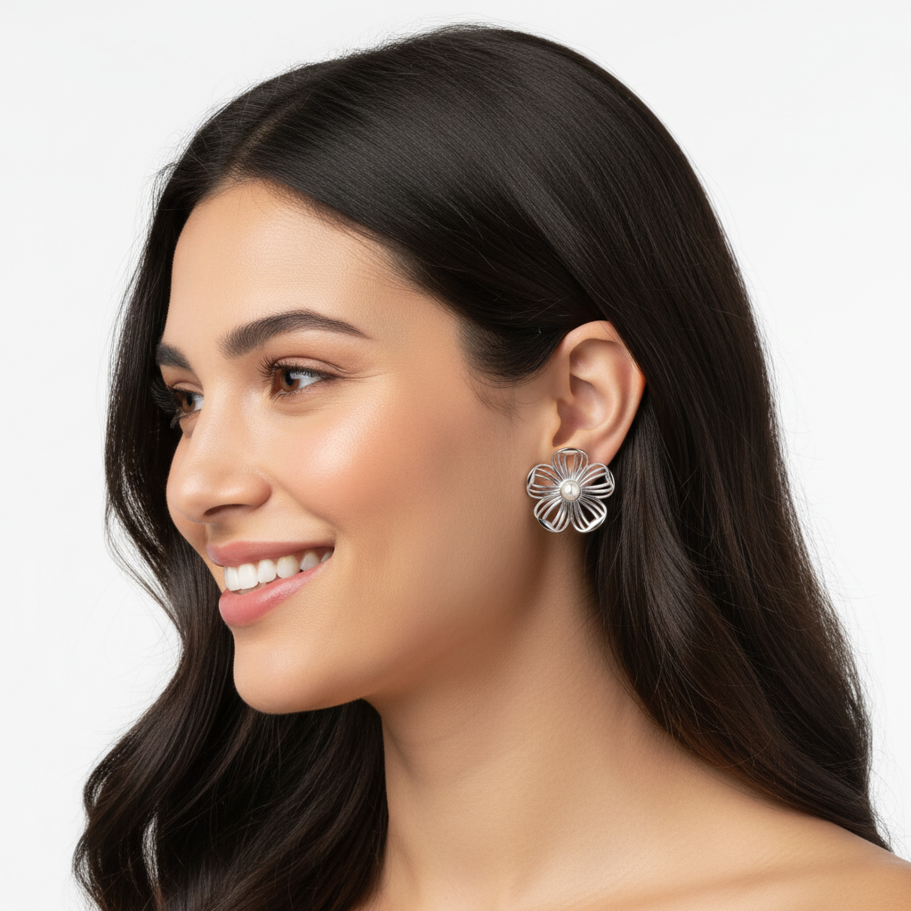 Gold Flower Stud Earrings with 3 MM Center Pearl