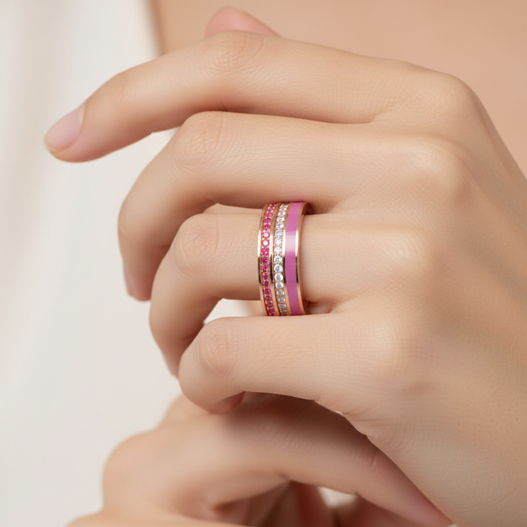 Gold Ruby Diamond Multi-Row Band Ring With Pink Enamel – Statement Luxury Ring - Eight