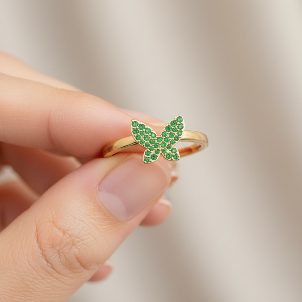 Emerald Pav Butterfly Ring Delicate Stackable Band - Eight