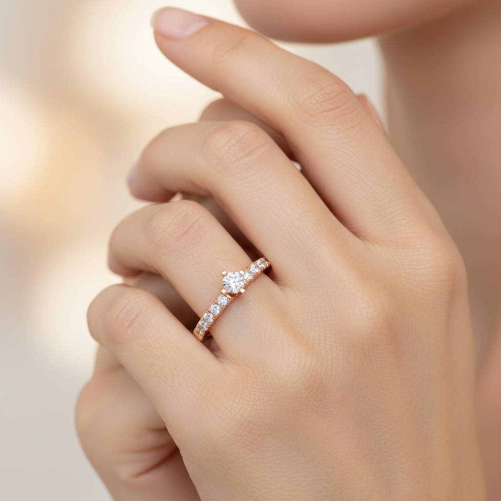 Rose Gold Diamond Solitaire Engagement Ring With Pave Band - Fourteen