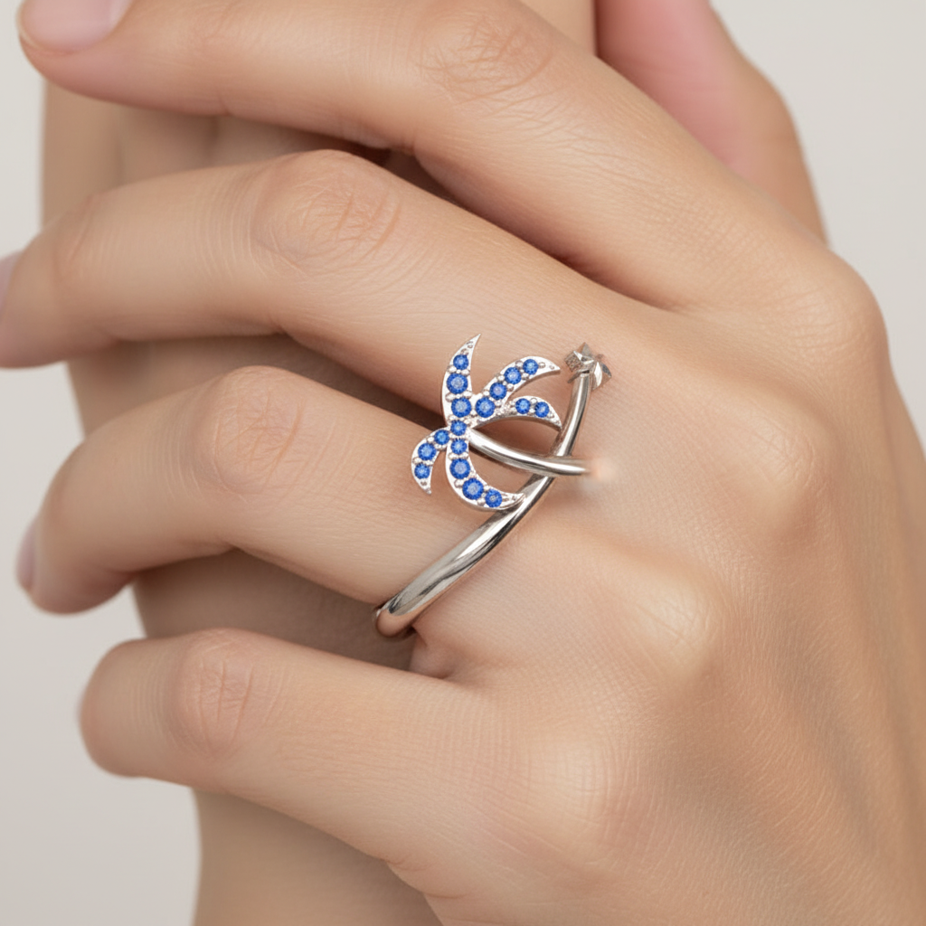 Blue Stone Star & Crescent Moon Ring In White Gold - Ten