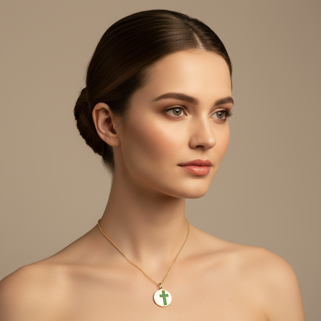 Emerald Cross Disc Pendant Necklace With Chain - Four