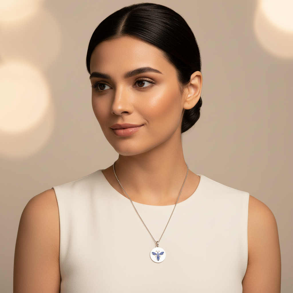 Blue Sapphire Butterfly Disc Pendant Necklace - Five
