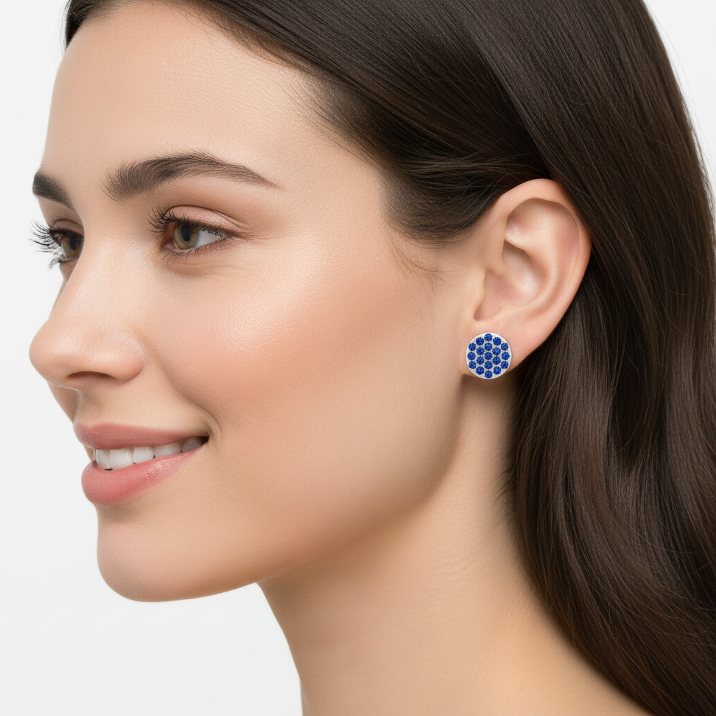 Blue Sapphire Pav Disc Stud Earrings With Screw Back - Five