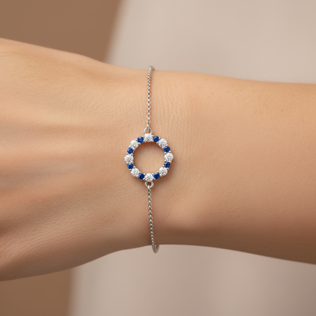 Blue and White Sapphire Circle Bracelet with Delicate Chain