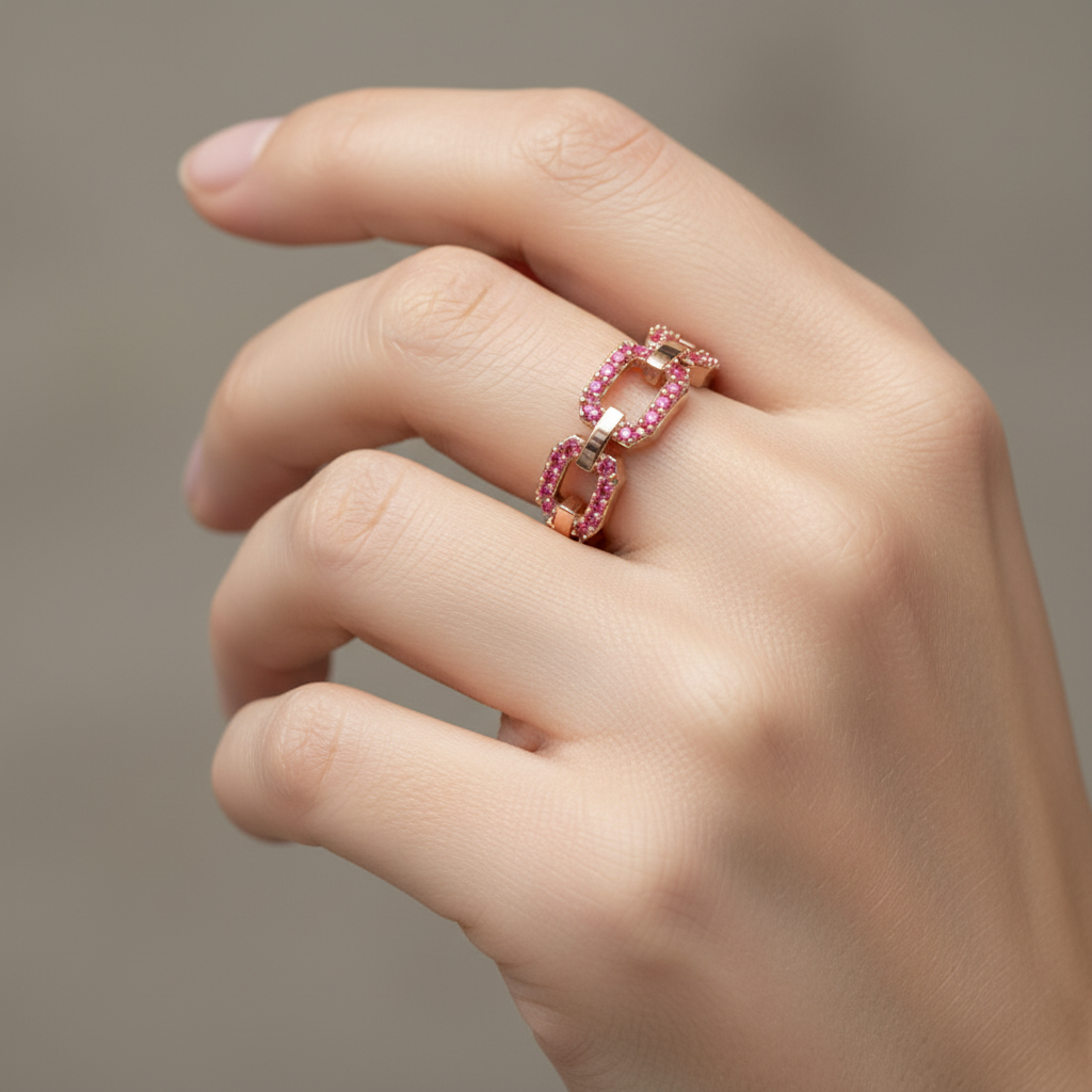 Ruby Chain Link Ring In Rose Gold | Double Pave Interlocking Statement Luxury Ring For Women | Jebij - Eight
