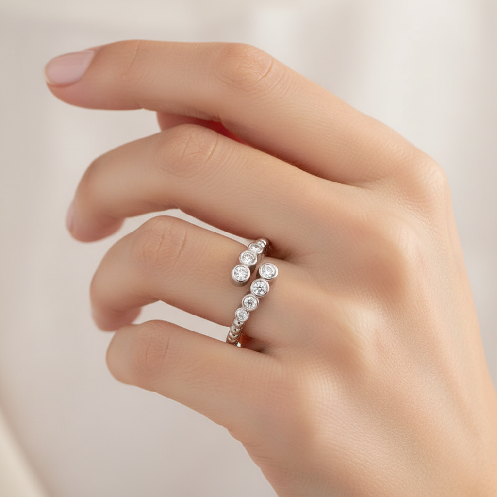 Bezel Set Diamond Bypass Ring With Beaded Band - Eleven