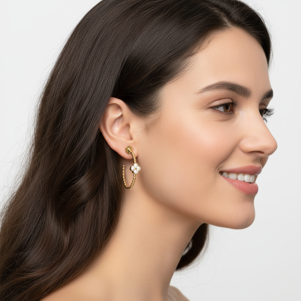 Beaded Clover Diamond Hoop Earrings with Screw Back Closure