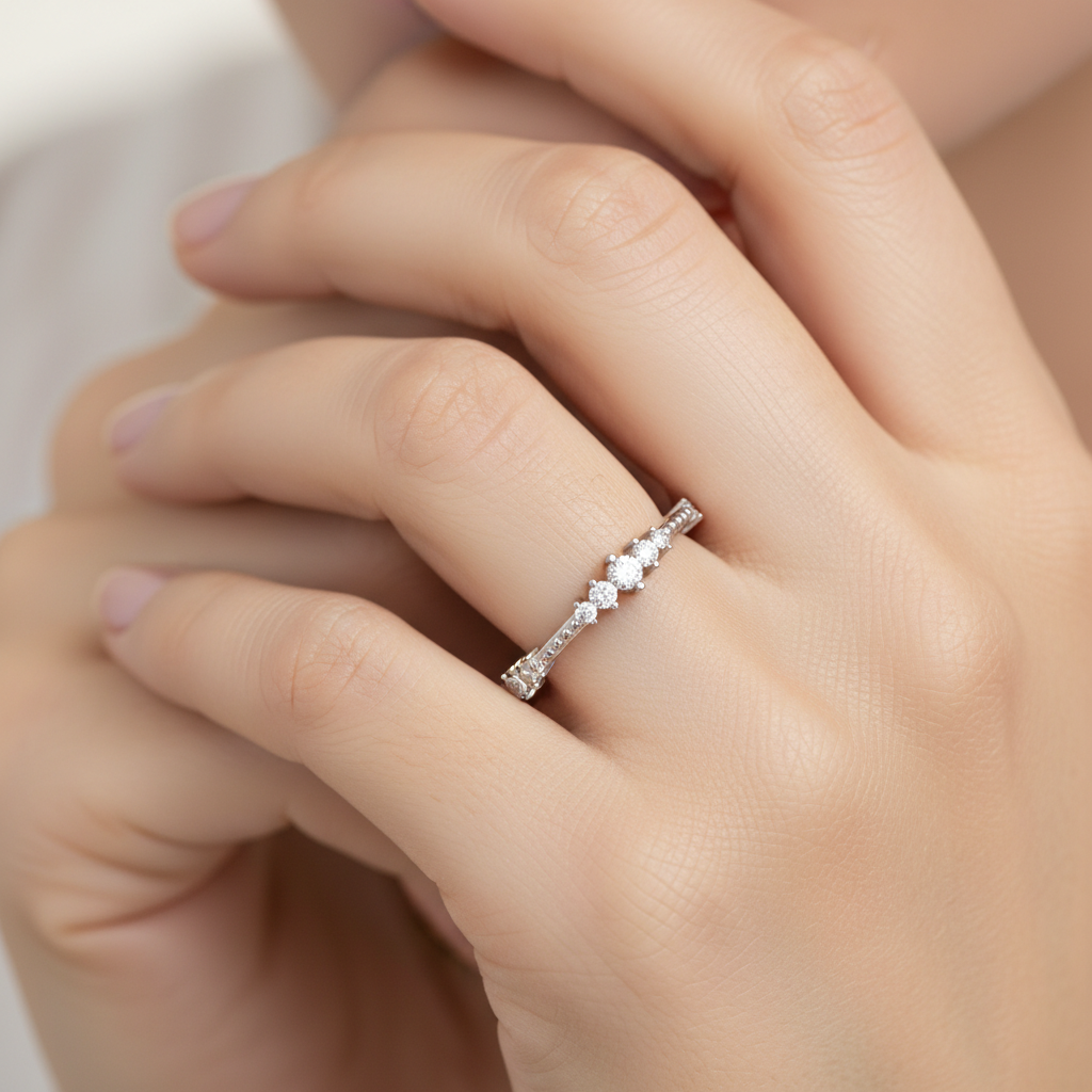 Delicate Diamond Baguette and Round Stackable White Gold Band Ring