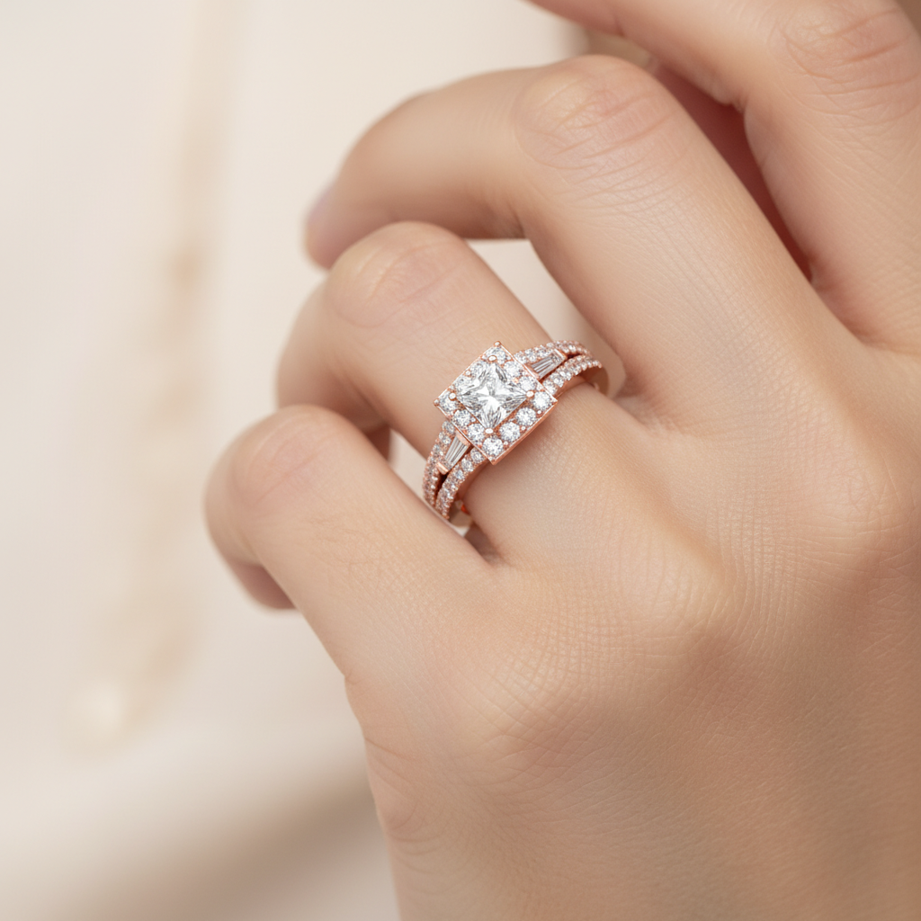 Rose Gold Asscher Cut Diamond Halo Engagement Ring With Hidden Diamond Detail - Fourteen