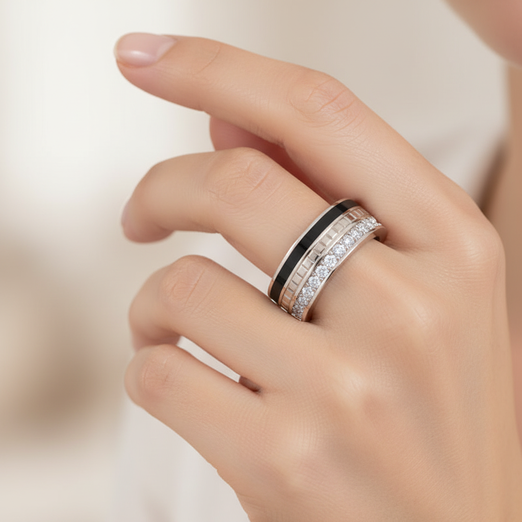 Gold Diamond Band Ring 6Mm With Black Enamel – Wide Statement Luxury Ring | Jebij - Eight