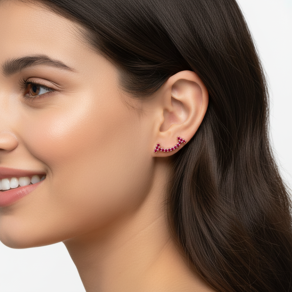 Curved Bar Ear Jacket Earrings With Pink Gemstones - Five