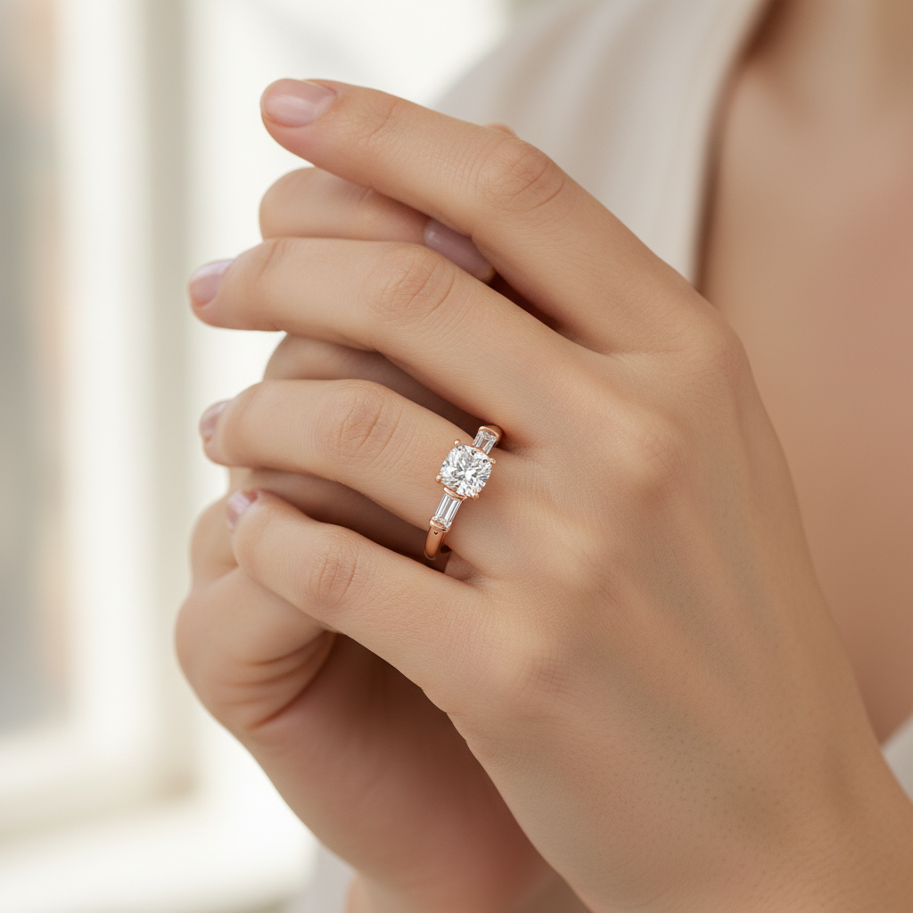 Rose Gold Three Stone Engagement Ring with Baguette Side Diamonds