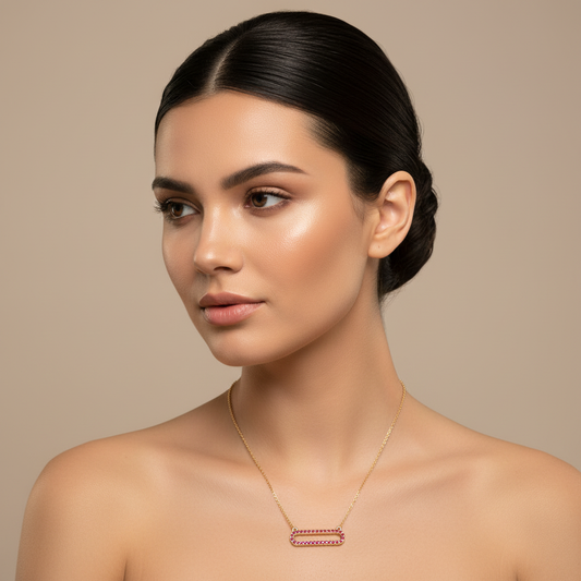 Lab-Grown Ruby Horizontal Link Pendant Necklace In White Gold | Minimal Modern Pave Design (16–17 Inch Adjustable) | Jebij - Two