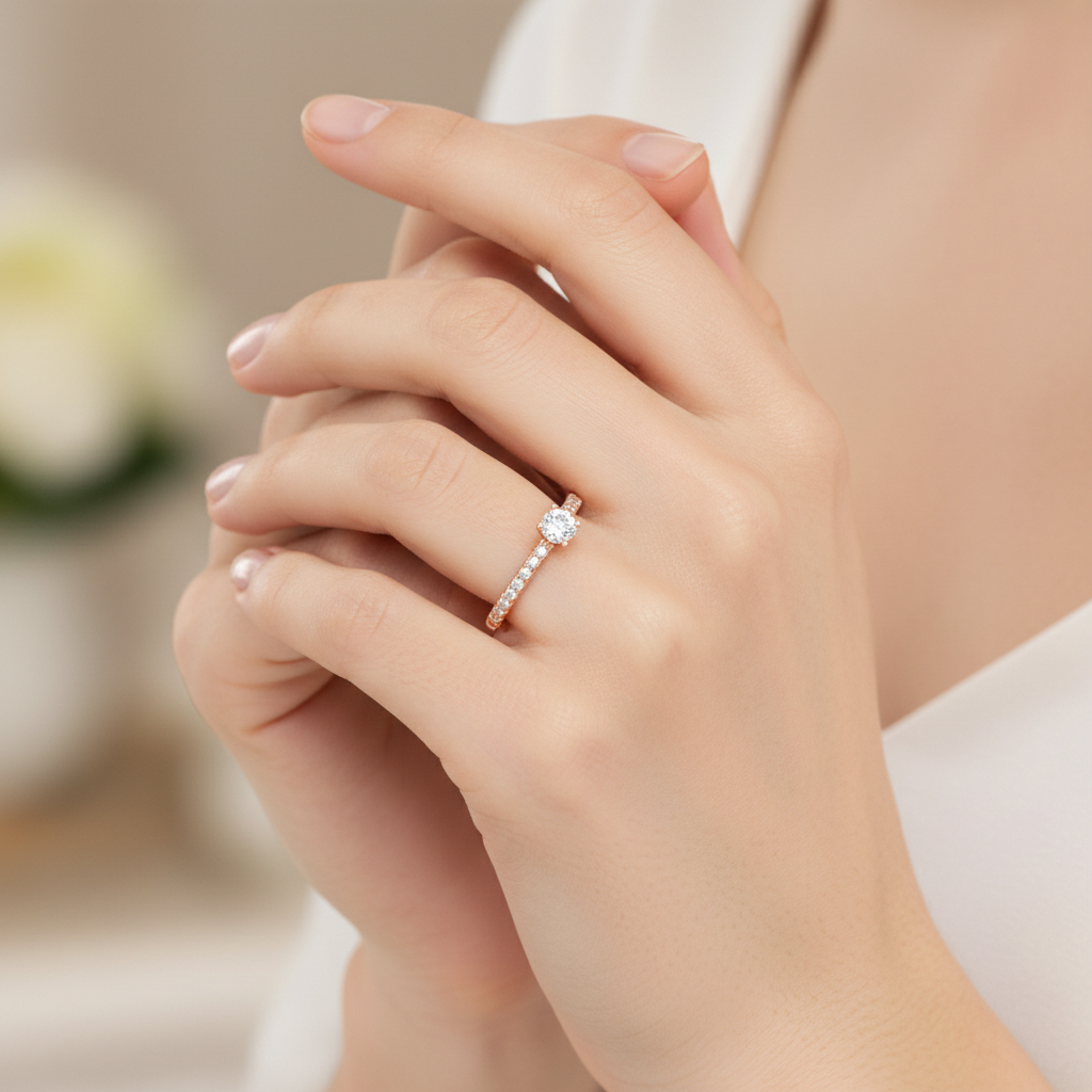 Rose Gold Solitaire Diamond Engagement Ring With Pav Band - Fourteen
