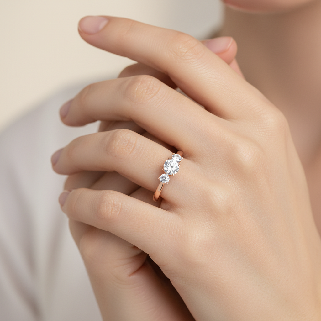 Rose Gold Three Stone Diamond Engagement Ring with Filigree Detail