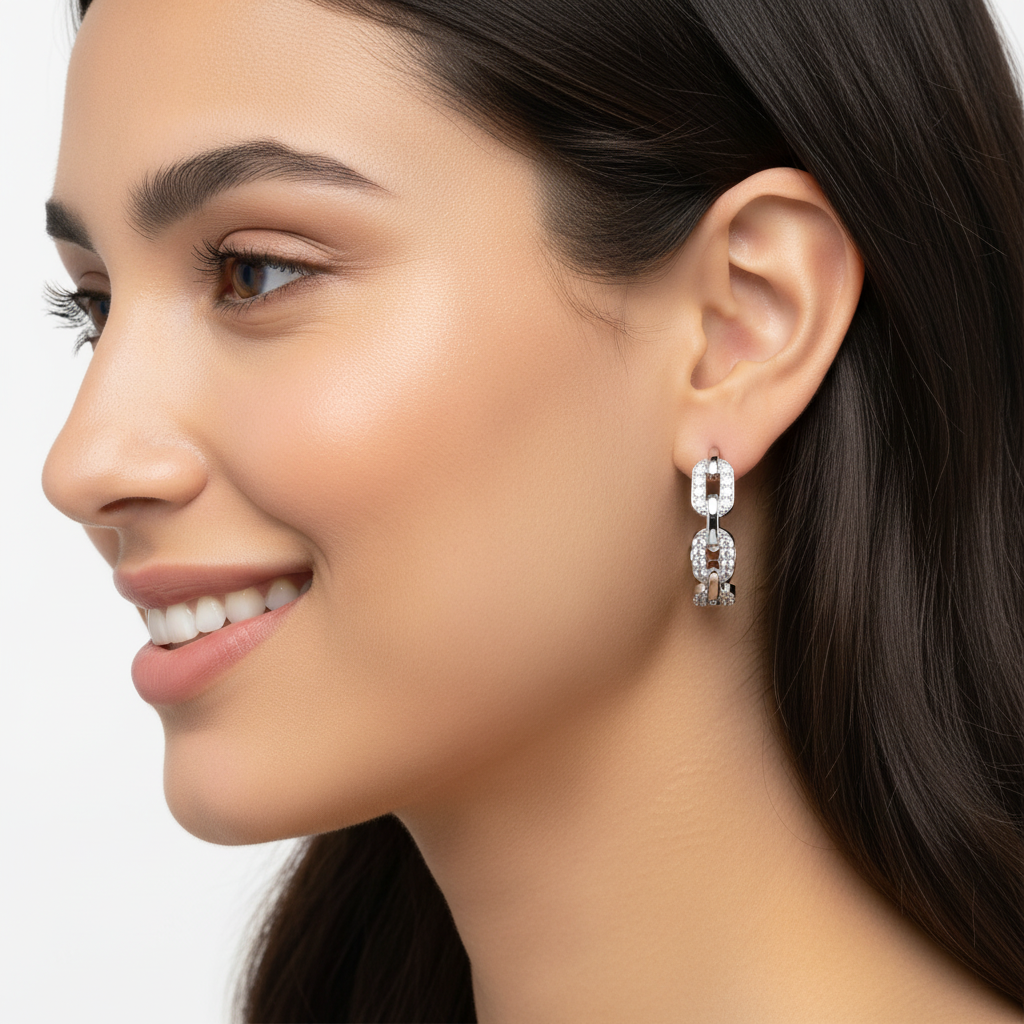 Pav Chain Link Hoop Earrings - Five